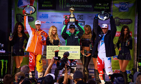 Das Podium der Klasse SX mit Ryan Dungey, Sieger Ryan Villopoto und Chad Reed