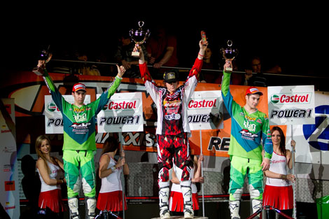 SX2-Tagespodium mit Boris Maillard, Tagessieger Austin Politelli und Dano Aulseybrook