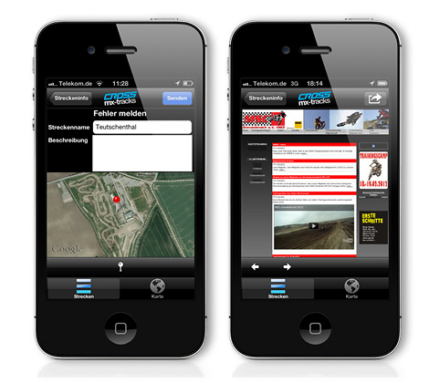 Links: Änderungen der Streckendaten oder neue Strecken können aus der App heraus gemeldet werden und fließen  in das folgende Update ein. Rechts: Darstellung der Club-Website innerhalb der App.