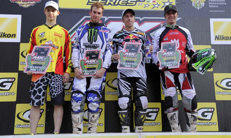 Die vier Titelträger der Int. Italienische MX Meisterschaft 2012: Tim Gajser (125ccm), Steven Frossard (Elite), Antonio Cairoli (MX1) und Alessandro Lupino (MX2)