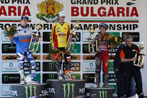 Das EMX125-Tagespodium von Sevlievo: Davide Bonini, Tagessieger Tim Gajser und Jorge Zaragoza