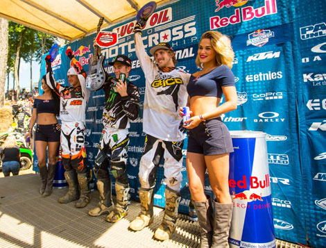 Die glorreichen Drei auf dem Tagespodium: Ken Roczen (2.) Tagessieger Blake Baggett und Justin Barcia (3.).