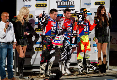Die Top 3 der SX-Tour am Samstagabend: Adrien Lopes, Josse Sallefranque und Valentin Teillet