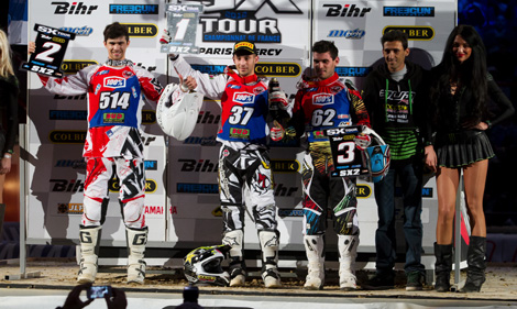 Tagespodium der Klasse SX-Tour am Sonntag: Romain Berthome, Valentin Teillet und Josse Sallefranque