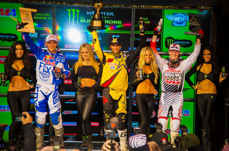 Tagespodium der Klasse 450SX: Ryan Dungey (3.), Auftaktsieger David Millsaps und Trey Canard (2.)