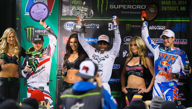 Die Top 3 von Detroit in der 450SX: Ryan Villopoto, James Stewart n Ryan Dungey (v.l.)
