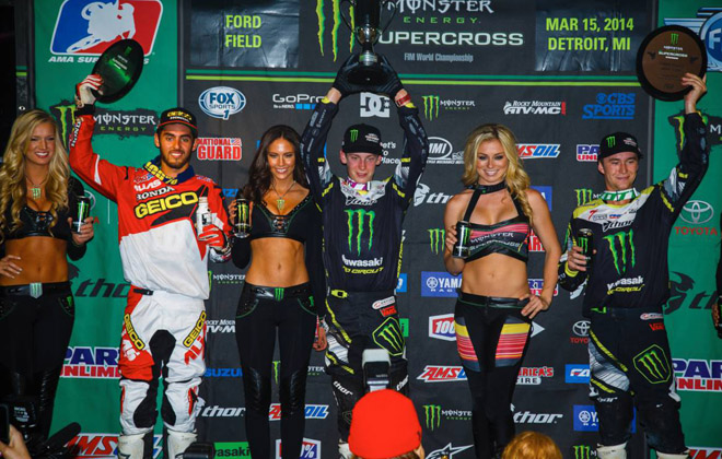 Das 250SX-Podium in Detroit: Justin Bogle, Adam Cianciarulo und Blake Baggett (v.l.)