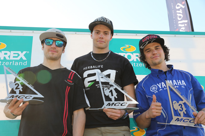 Die Top 3 des Tages in der MX2: Patrick Walther, Tagessieger Nick Triest  und William Kehrli (v.l.)