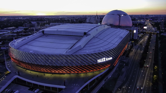 Die futuristisch anmutende Tele2 Arena in Stockholm.