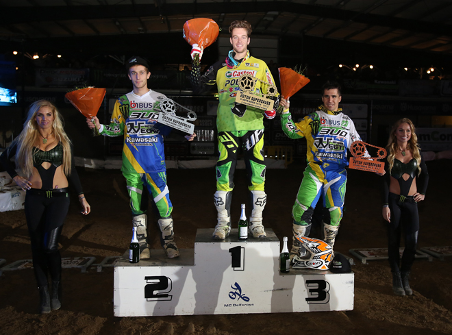 Das SX2-Tagespodium: Guillaume Fegli, Tagessieger Dave Versluis und Adrien Lopes (v.l.)