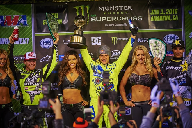 Das 450SX-Podium mit Trey Canard, Sieger Ken Roczen und Jason Anderson (v.l.)