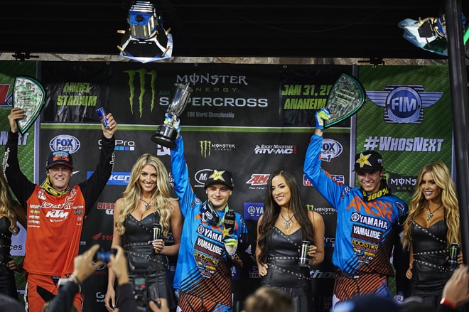 Jessy Nelson, Cooper Webb und Aaron Plessinger (v.l.) auf dem 250SX-Tagespodium von A3.