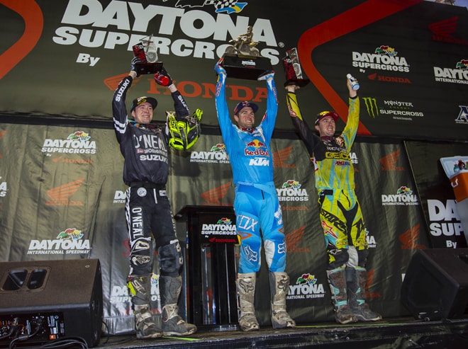 Das 450er Podium in Daytona: Blake Baggett, Sieger Ryan Dungey und Eli Tomac.