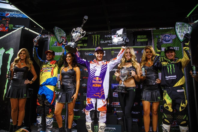 Das 250SX-Tagespodium in East Rutherford: Justin Bogle, Sieger Marvin Musquin und Joey Savatgy (v.l.)