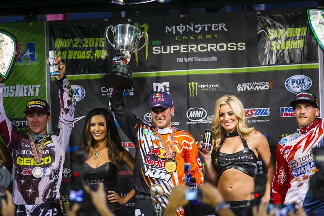 Das letzte 450er Podium der SX-Saison 2015: Eli Tomac, Ryan Dungey und Weston Peick (v.l.)