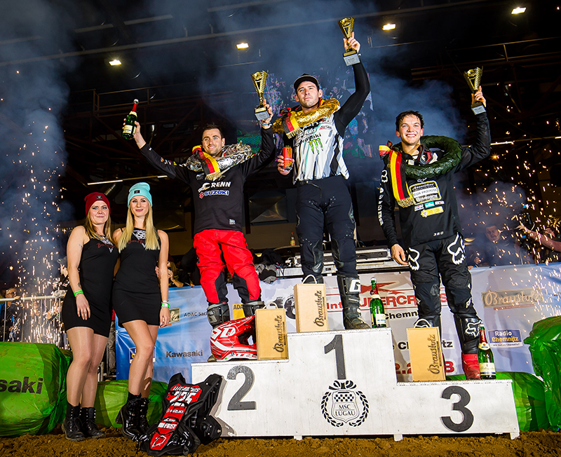 Das SX1-Finalpodium vom Samstag mit Charles Lefrancois, Tyler Bowers und Dominique Thury. (v.l.)