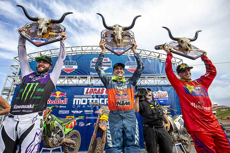 Das 450MX-Tagespodium von Jacksonville mit Eli Tomac, Marvin Musquin und Zach Osborne (v.l.)