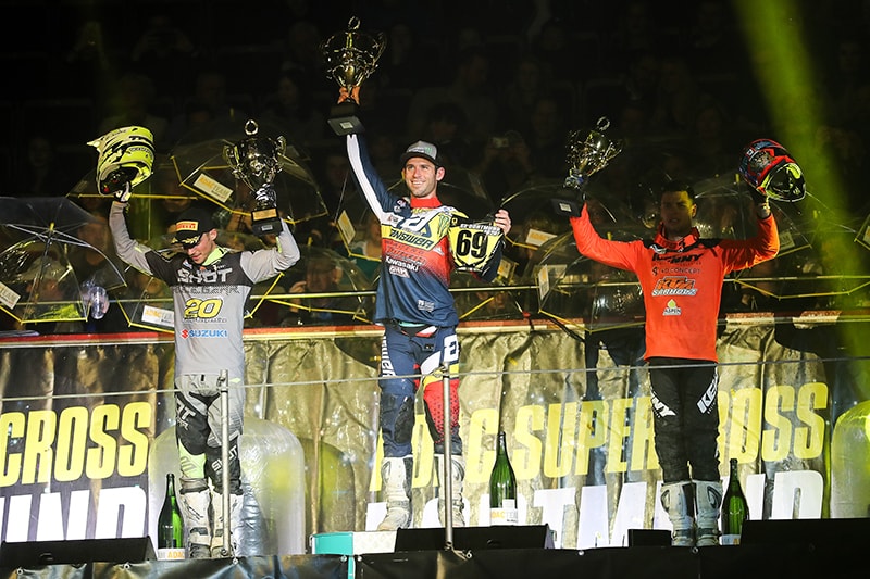 Siegerehrung SX1-Finale: Thomas Ramette, Tyler Bowers und Jordi Tixier (v.l.)